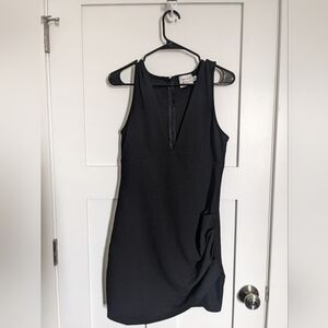 Hello Molly Asymmetrical Ruched Black Plunge Neck Mini Dress